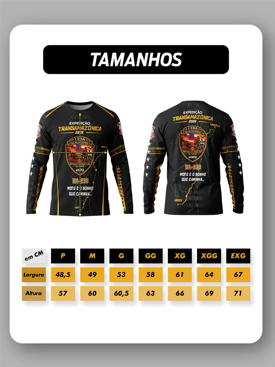 Tabela de tamanhos camisa manga longa